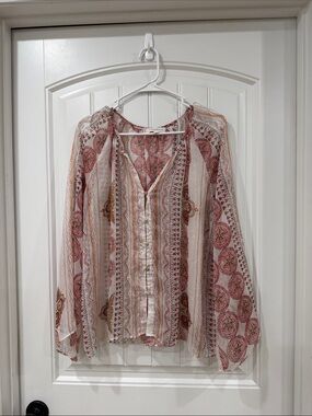 Honey Punch Red & Cream Boho Sheer Button-Up Blouse